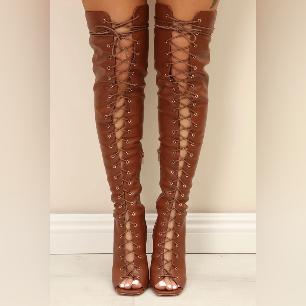 Fashion Nova- Liliana Drip 1- Over the Knee- Peep Toe- Lace Up Boots- Size 10